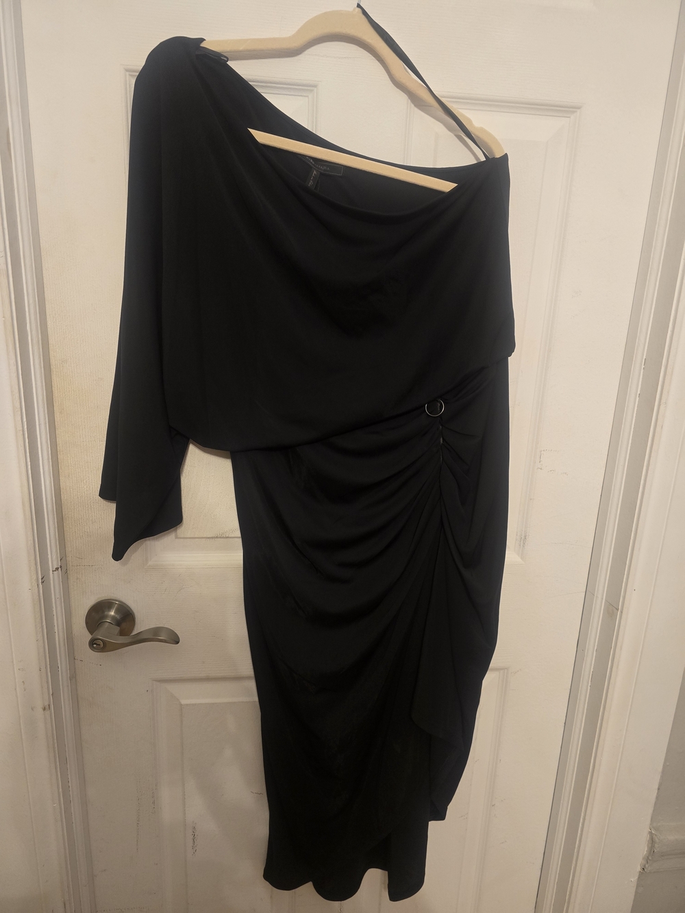 BCBGMaxAzria Black One-Shoulder Draped Midi Dress with Ring Accent